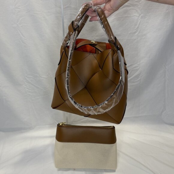 Caramel Woven Leather Bucket Bag, Loop Handles, Removable Shoulder Strap, NWOT - Picture 3 of 16